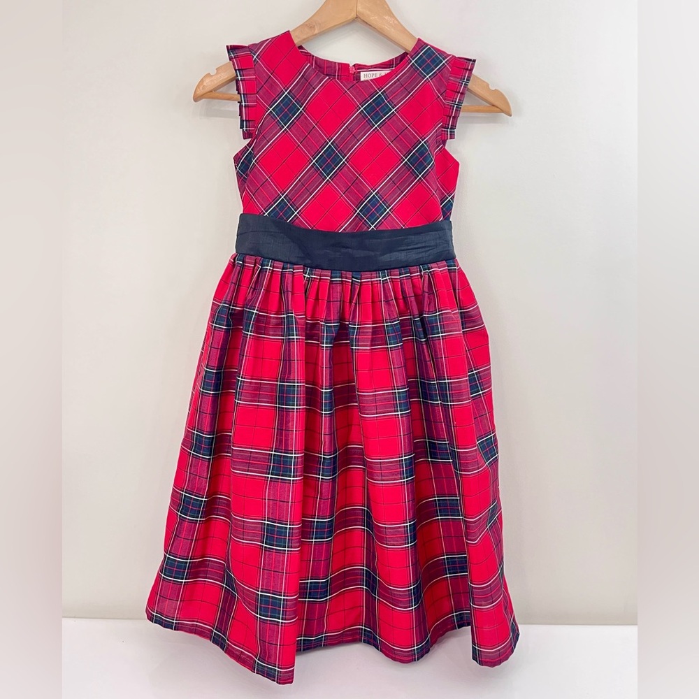 Girls Red Plaid Holiday Fit-and-Flare Dress with Navy Sash